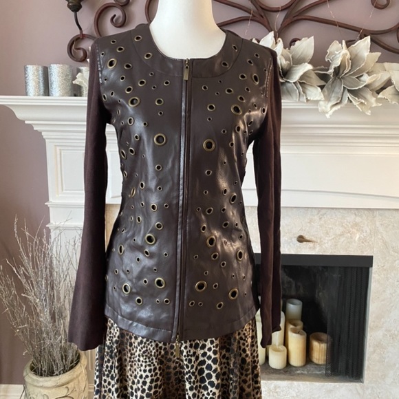 Color Works Sweaters - Color Works Leather/Rayon Brown Sweater, Size Small